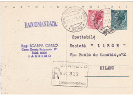 ITALIA - REPUBBLICA - SANREMO (IMPERIA) - INTERO POSTALE  - CARTOLINA POSTALE L. 20 - VIAGGIATA PER MILANO -1956 - Entero Postal