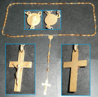 Rare Ancien Chapelet, Croix Et Médaille Dorés, Grains En Verre Taillé Marron - Godsdienst & Esoterisme