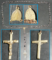 Rare Chapelet, Croix Et Médaille Métal, Grains En Verre - Religion & Esotérisme