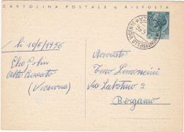 ITALIA - REPUBBLICA - MONTEBELLO (VICENZA) - CARTOLINA POSTALE L. 20 RISPOSTA - VIAGGIATA PER BERGAMO -1956 - Ganzsachen