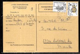 P166 - TAXE SUR CP DE REGLEMENT DU LYCEE CHARLEMAGNE DE THIONVILLE OBLITEREE GUENANGE DU 02/10/86 - 1960-.... Lettres & Documents