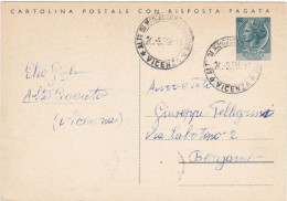 ITALIA - REPUBBLICA - ALTRE DIMONTECCHIO MAGGIORE (VI) - CARTOLINA POSTALE L. 20 RISPOSTA PAGATA - VG. PER BERGAMO -1956 - Stamped Stationery