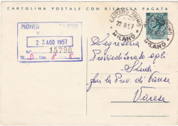 ITALIA - REPUBBLICA - CASTANO PRIMO (MI) - CARTOLINA POSTALE L. 20 RISPOSTA PAGATA - VG. PER VARESE  -1957 - Postwaardestukken