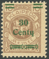 MEMELGEBIET 222 **, 1923, 30 C. Auf 10 M. Hellbraun, Postfrisch, Pracht, Mi. 250.- - Klaipeda 1923