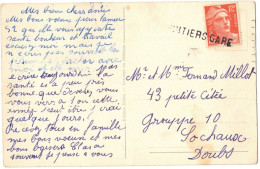 SUR CPSM FANTAISIE BONNE ANNEE VERS SOCHAUX DOUBS GRIFFE POSTALE MANUELLE LINEAIRE POITIERS GARE SUR  MARIANNE DE GANDON - Manual Postmarks