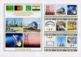 Turkmenistan 2018 TAPI New Railway Train Locomotive International Industry Development RARE Set Of 9 Stamps Sheetlet MNH - Treni