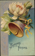 Lithographie Glückwunsch Ostern, Glocken, Blumen, Schleife - Easter