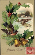 Gaufré CPA Glückwunsch Weihnachten, Stechpalme, Tannenzweige, Glocken, Vogel - Other & Unclassified
