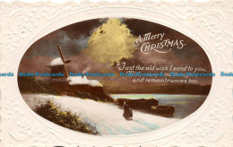 R150217 Greetings. A Merry Christmas. Winter Scene. Windmills Near The Lake. RP - World