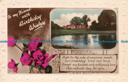 R150230 Greetings. To My Friend With Birthday Wishes. Lake And House. Roses. RP - World