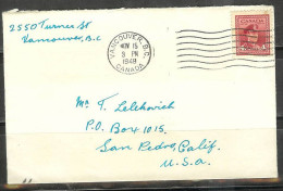 1949 George VI Uniform 4 Cents, Vancouver (Nov 15) To USA - Covers & Documents