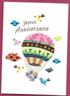 + Carte Gaufrée Joyeux Anniversaire Montgolfière Oiseaux Nuages Fleurs 2scans - Fesselballons