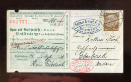 "DEUTSCHES REICH" 1938, Verrechnungsscheck "Spar- U. Darlehenskasse Kiechlinsbergen" Als Postkarte Nach Eberbach (B2136) - Lettres & Documents