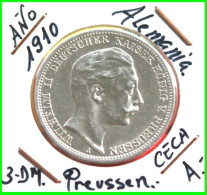 ALEMANIA  MONEDA DE - WILHELM II DEUTSCHER KAISER KÖNIG V. PREUSSEN 3 DM AÑO 1910 – CECA-A- PLATA. - 2, 3 & 5 Mark Argent