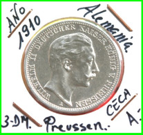 ALEMANIA  MONEDA DE - WILHELM II DEUTSCHER KAISER KÖNIG V. PREUSSEN 3 DM AÑO 1910 – CECA-A- PLATA. - 2, 3 & 5 Mark Plata