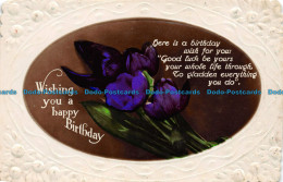 R151376 Greetings. Wishing You A Happy Birthday. Blue Flowers. RP - Monde