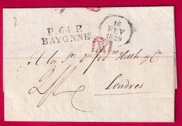 MARQUE P64P BAYONNE BASSES PYRENEES 1829 POUR LONDRES ANGLETERRE LETTRE - 1801-1848: Precursores XIX