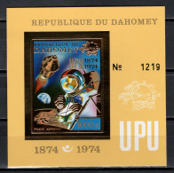 Dahomey 1974 UPU Centenary, Space Gold S/s Imperf. Yellow MNH -scarce- - U.P.U.