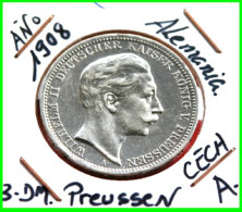 ALEMANIA  MONEDA DE - WILHELM II DEUTSCHER KAISER KÖNIG V. PREUSSEN 3 DM AÑO 1908 – CECA-A- PLATA. - 2, 3 & 5 Mark Zilver
