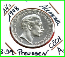 ALEMANIA  MONEDA DE - WILHELM II DEUTSCHER KAISER KÖNIG V. PREUSSEN 3 DM AÑO 1908 – CECA-A- PLATA. - 2, 3 & 5 Mark Silber