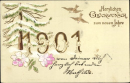 Gaufré Lithographie Glückwunsch Neujahr, Jahreszahl 1901, Rosen, Vögel - New Year