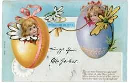 Glitzer Lithographie Glückwunsch Ostern, Kinderportraits In Ostereiern - Pascua