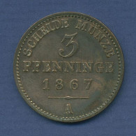 Preußen 3 Pfennige 1867 A, König Wilhelm I., J 52 Ss-vz (m6502) - Small Coins & Other Subdivisions