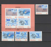 Ghana 1974 UPU Centenary, Stamp On Stamp Set Of 4 + S/s Imperf. MNH -scarce- - U.P.U.