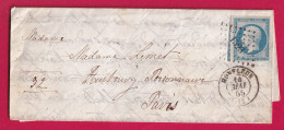 N°14 BLEU LAITEUX TTB UN VOISIN PC 1523 HONFLEUR CALVADOS POUR PARIS LETTRE - 1849-1876: Classic Period