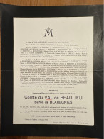 Messire Raymond Comte Du Val De Beaulieu Bzron De Blaregnies *1865 Cambron-Casteau +1932 Chateau De Cambron De La Croix - Obituary Notices