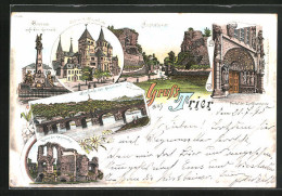 Vorläufer-Lithographie Trier, 1895, Brunnen Auf Dem Kornmarkt, Dom Mit Liebfrauenkirche, Amphitheater  - Trier