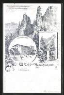 Lithographie Thale /Harz, Hotel Hexentanzplatz, Bodekessel U. Teufelsbrücke  - Thale