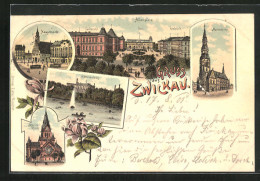 Lithographie Zwickau, Marienkirche, Hauptmarkt, Schwanenteich  - Zwickau