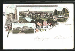 Lithographie Hof, Theresienstein Springbrunnen, Rathaus, Neuer Bahnhof  - Hof