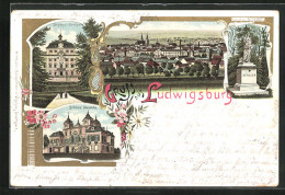 Lithographie Ludwigsburg, Schloss Favorite, Schiller-Denkmal  - Ludwigsburg