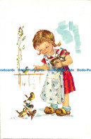 R152549 Old Postcard. Girl Feeding Birds. Cartoon - World