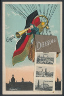 Leporello-AK Dresden, Ansichten Im Ballon Mit Ausrufer, Terrassentreppe, Ausstellungspalast, Postplatz  - Globos
