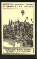 Künstler-AK Merseburg A. S., Erste Freiballonwettfahrt Juni 1913, Ballons über Dem Schloss  - Globos