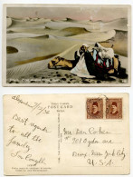 Egypt 1936 Postcard - Desert - Pious Devotion Before Start; Man & Camel; Alexandria To NYC, U.S.; 5m. King Faud, Pair - Personas