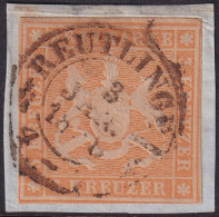 Wurttemberg 1857 Sc 9 Mi 7 Used Reutlingen Cancel On Piece - Gebraucht