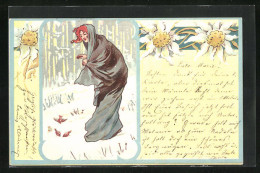 Künstler-AK Dame Im Mantel Im Schnee, Jugendstil  - Other & Unclassified