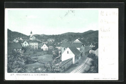 AK St. Michael Bei Leoben, Ortspartie Mit Geschäften Und Kirche  - Autres & Non Classés