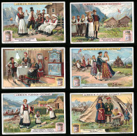 6 Sammelbilder Liebig, Serie Nr.: 1040, AltnorwegischeTrachten, Lappland, Hardanger, Springdans, Sätersdal, Vossewang  - Liebig