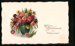 Künstler-AK Vase Mit Roten Und Gelben Blumen, Geburtstagsgrüsse  - Sonstige & Ohne Zuordnung