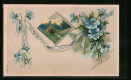 Präge-Lithographie Veilchen In Blau, Mit Schleife Und Landschaftsbild  - Other & Unclassified