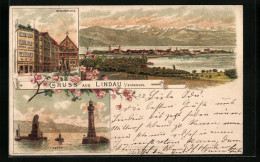 Vorläufer-Lithographie Lindau I. Bodensee, 1892, Reichsplatz Mit Geschäft Und Brunnen, Hafen, Teilansicht  - Lindau A. Bodensee