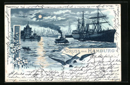 Mondschein-Lithographie Hamburg, Hafen Mit Segelschiffen  - Autres & Non Classés