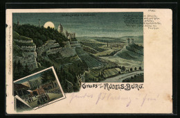 Mondschein-Lithographie Rudelsburg, Panorama Mit Saaleck, Burghof  - Sonstige & Ohne Zuordnung