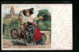 Lithographie Frau In Tracht Aus Der Umgegend Von Bückeburg Am Spinnrad  - Costumes