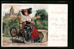 Lithographie Frau Am Spinnrad In Tracht Aus Der Umgegend Von Porta Westfalica  - Costumes